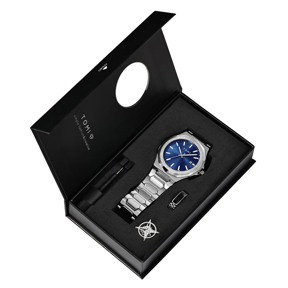 TOMI Luxury Business Men's Watch Gift Box Set — Leather Strap Quartz