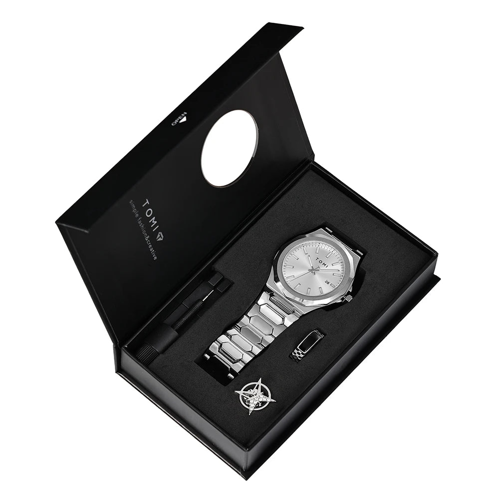 TOMI Luxury Business Men's Watch Gift Box Set — Leather Strap Quartz