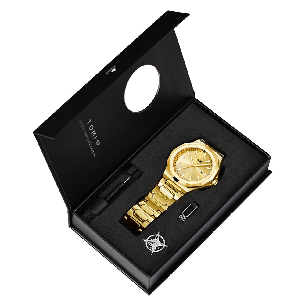TOMI Luxury Business Men's Watch Gift Box Set — Leather Strap Quartz