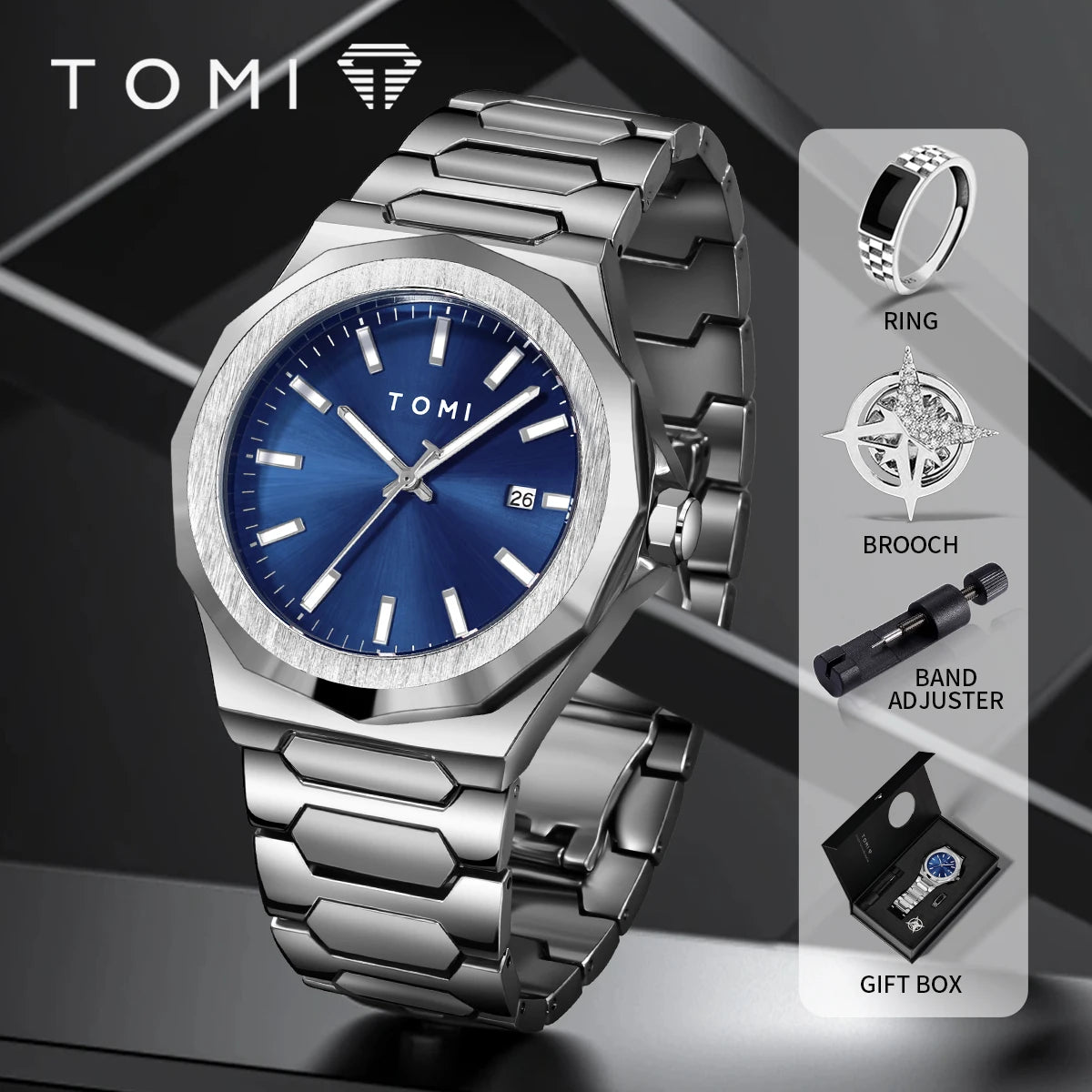 TOMI Luxury Business Men's Watch Gift Box Set — Leather Strap Quartz