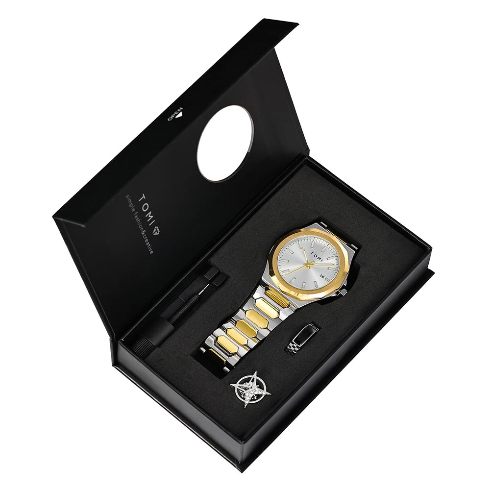 TOMI Luxury Business Men's Watch Gift Box Set — Leather Strap Quartz