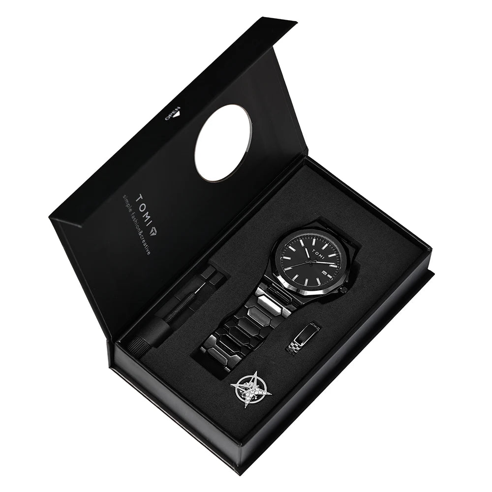 TOMI Luxury Business Men's Watch Gift Box Set — Leather Strap Quartz