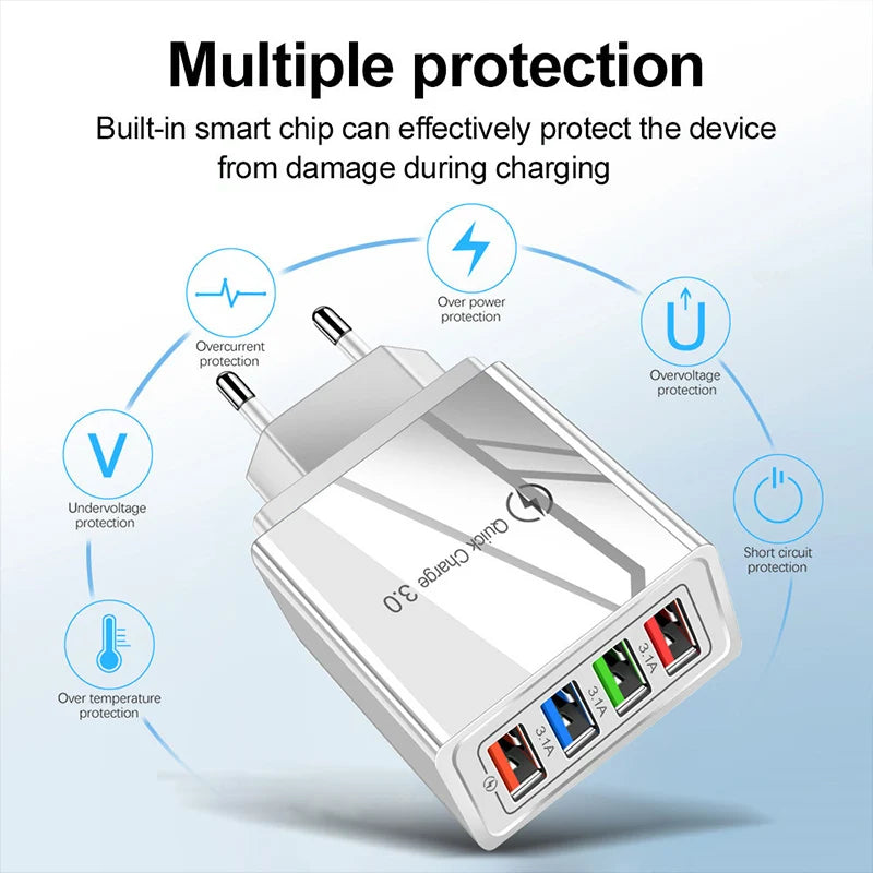 3A Multi-Port USB Wall Charger — EU & US Plug Fast Charging Adapter
