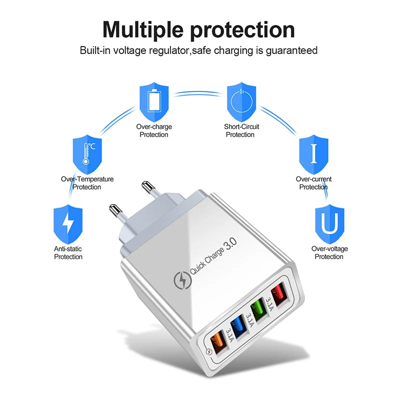 3A Multi-Port USB Wall Charger — EU & US Plug Fast Charging Adapter