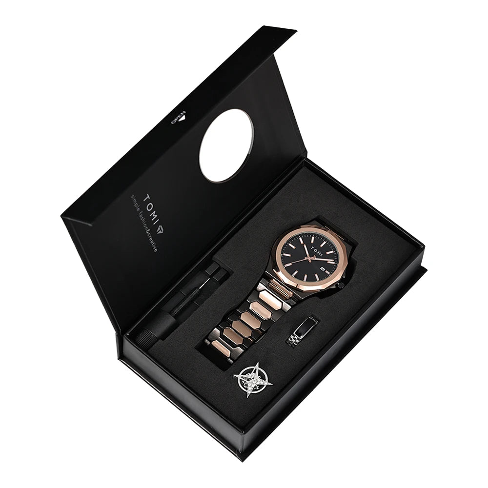 TOMI Luxury Business Men's Watch Gift Box Set — Leather Strap Quartz